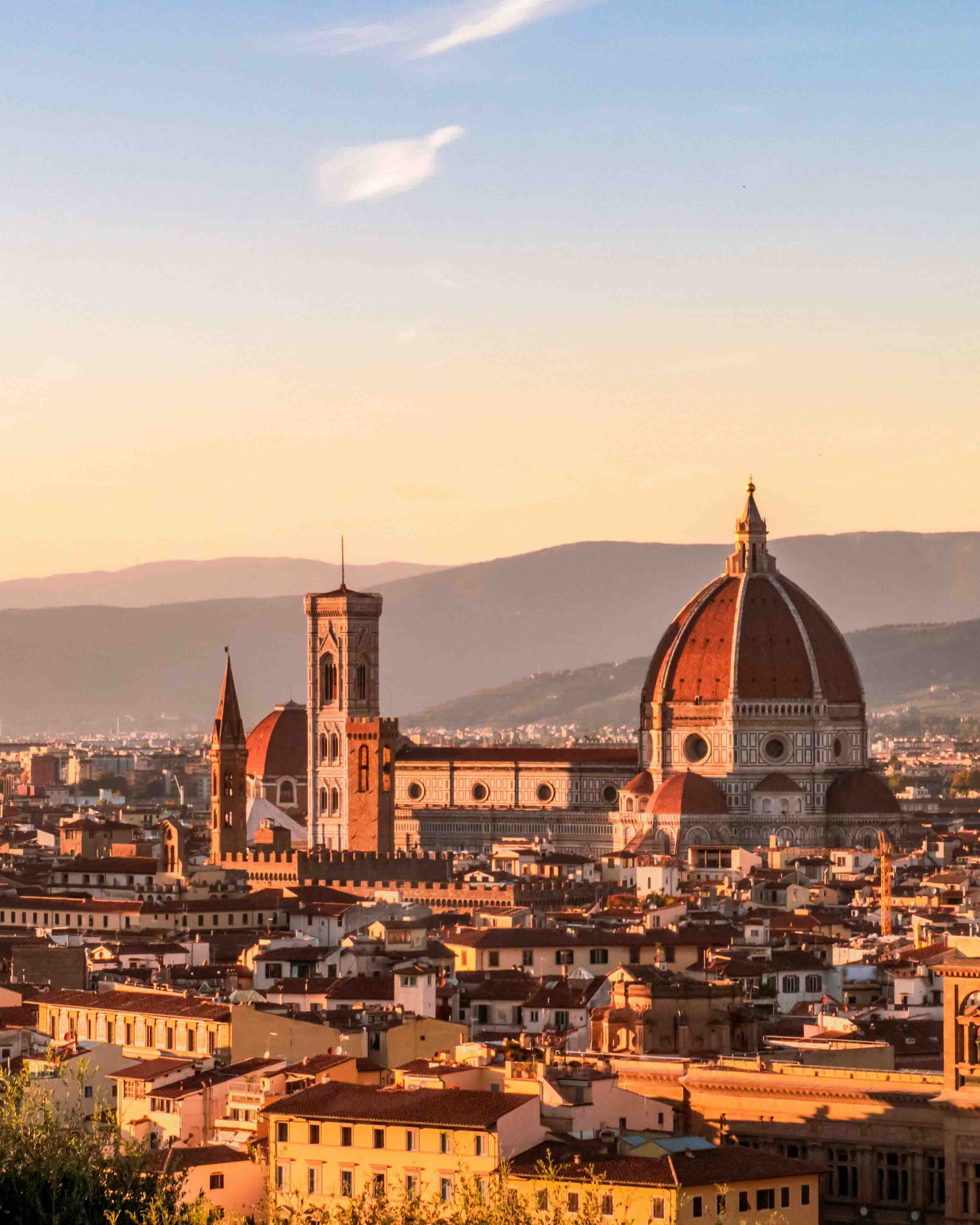 A view of the Duomo in Florence, Italy at sunset