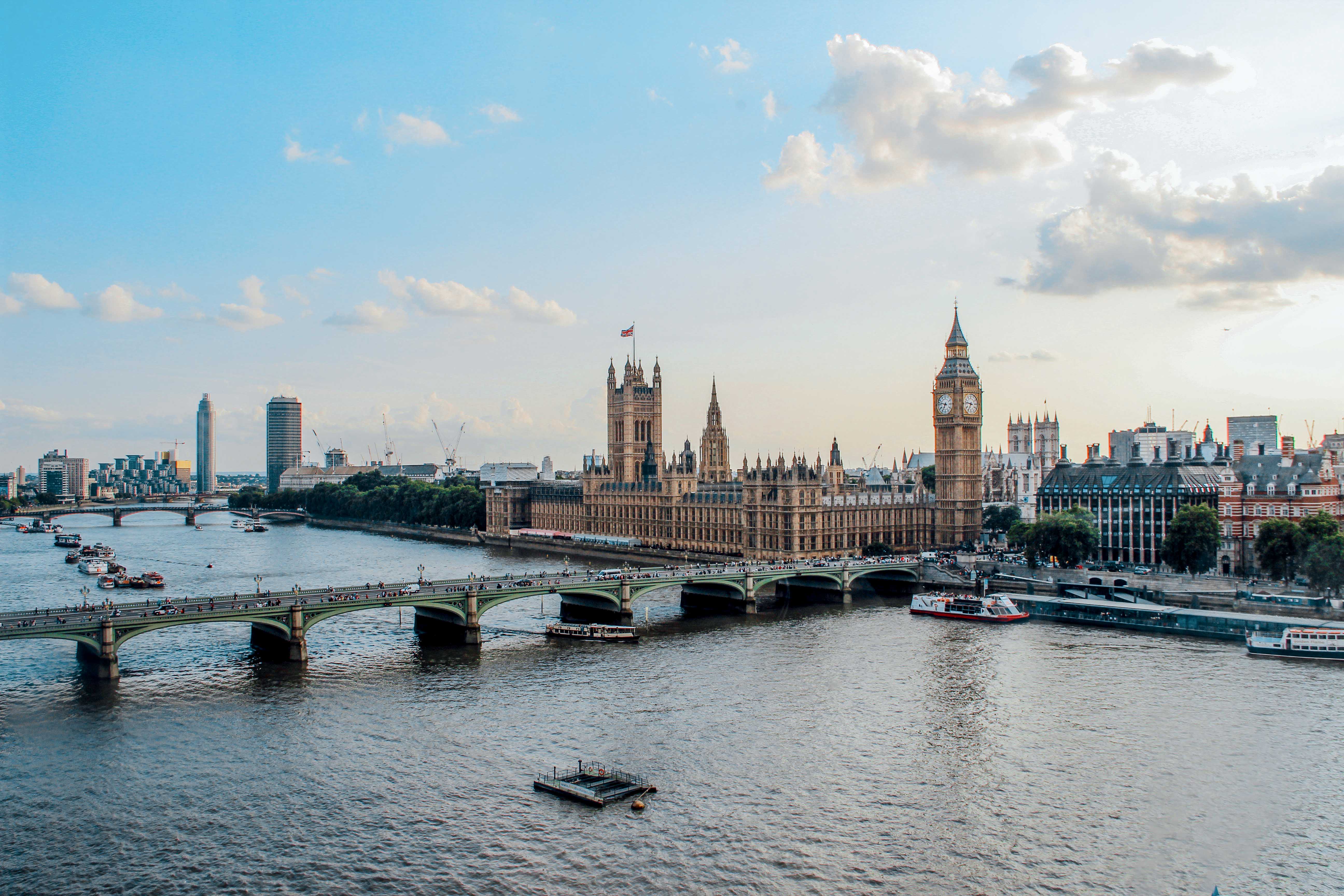 A bird's eye view of Big Ben and the Houses of Parliament in London.