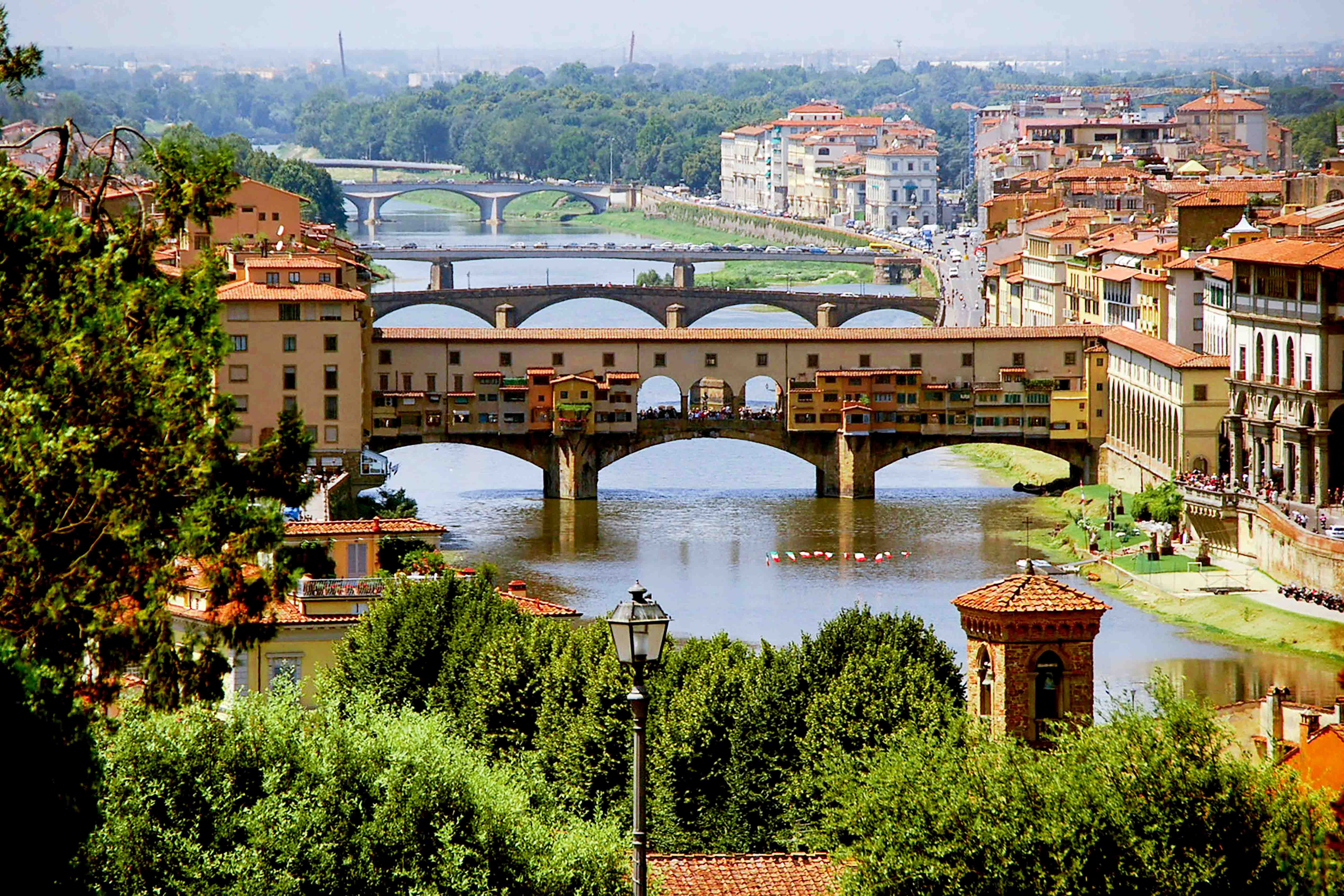 The Ponte Vecchio as seen from the hills of Florence over the Arno river.