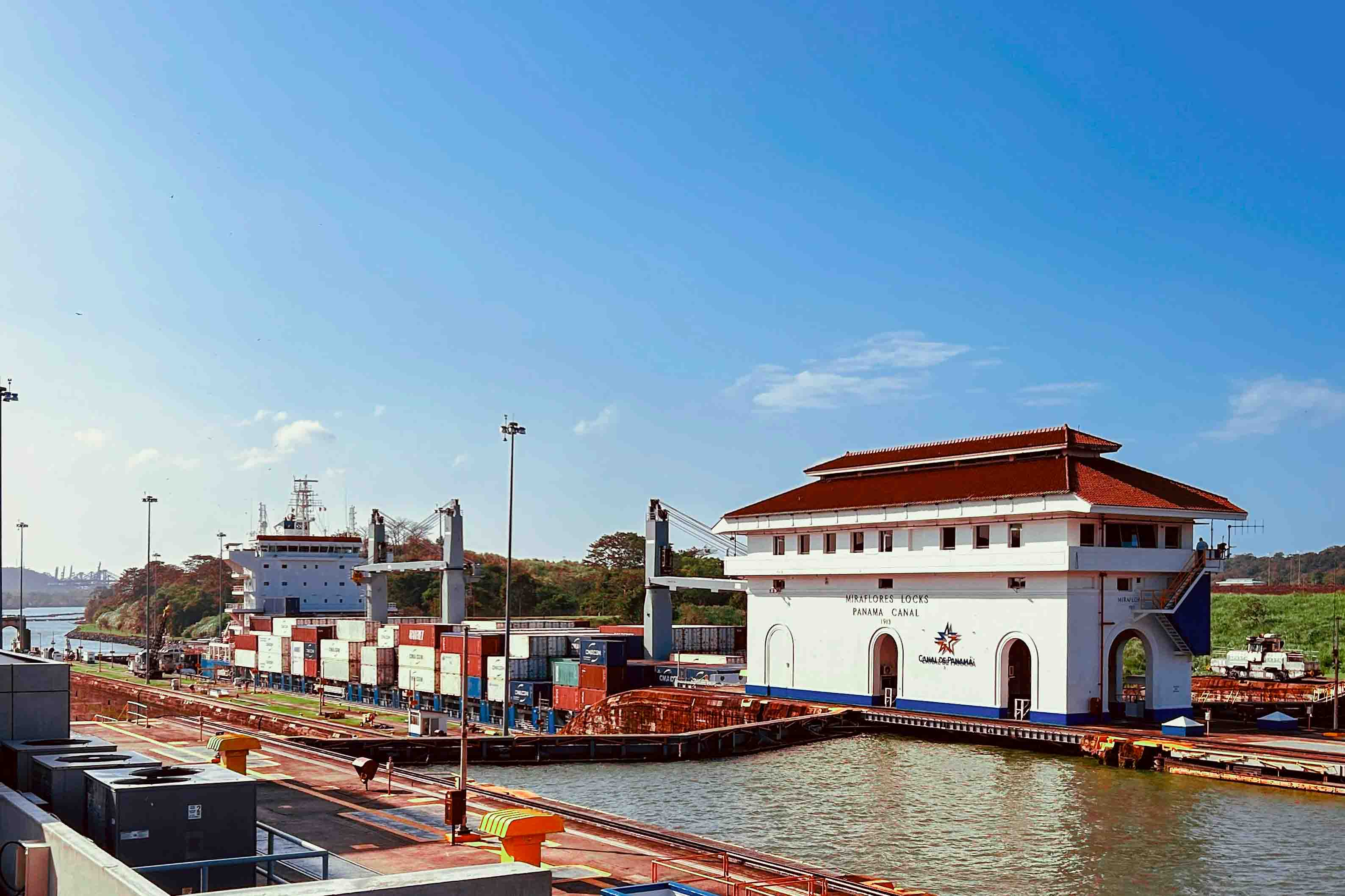 A view a ship going through the Miraflores locks at the Panama Canal.