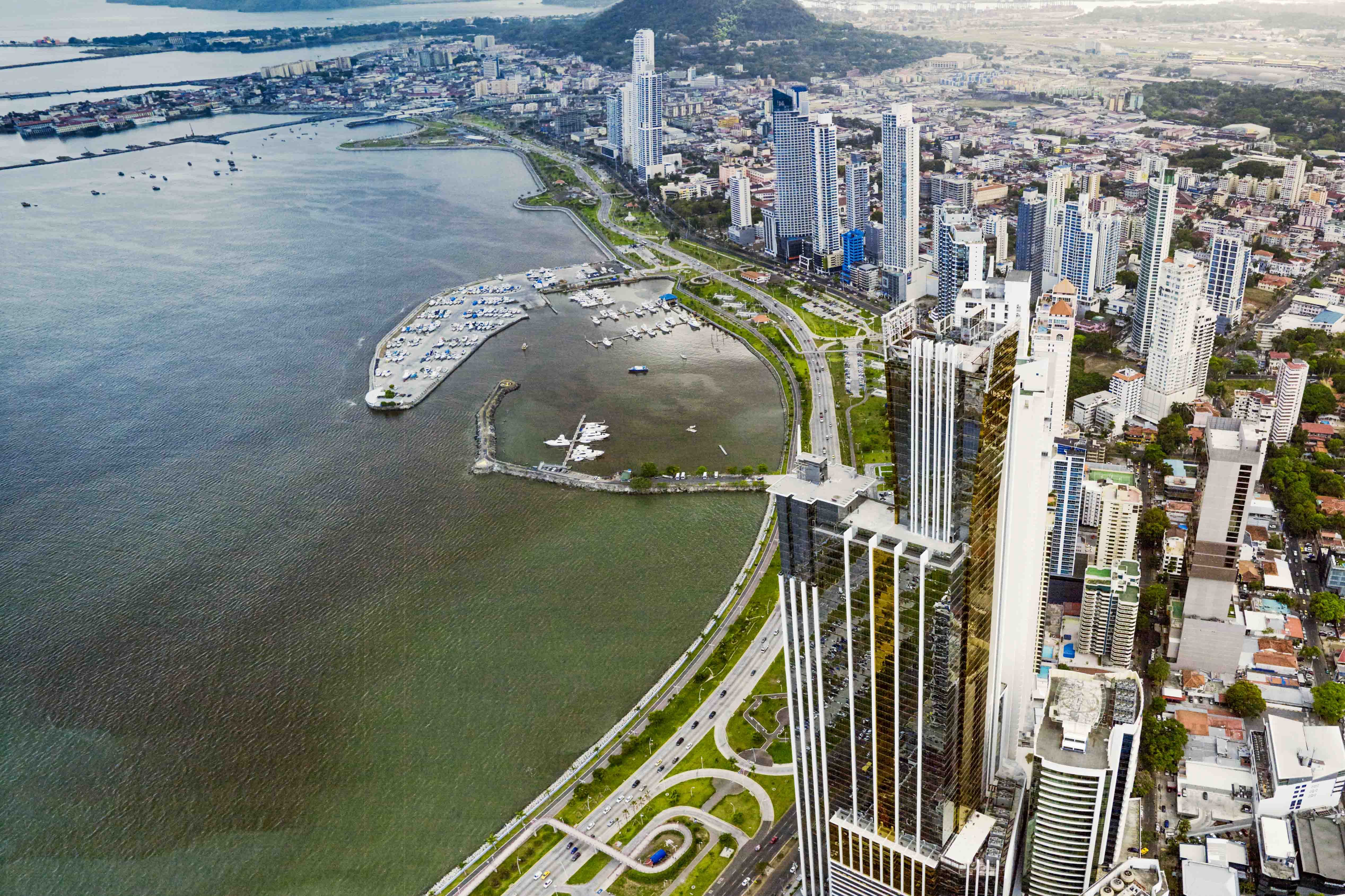 An aerial view of the downtown high rise buildings of the city.