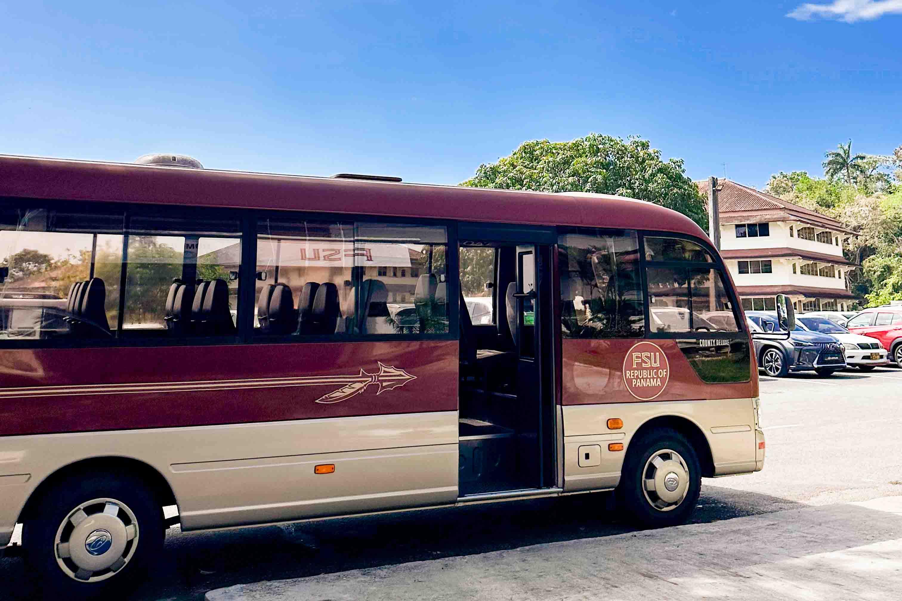The FSU Panama shuttle bus parked outside.