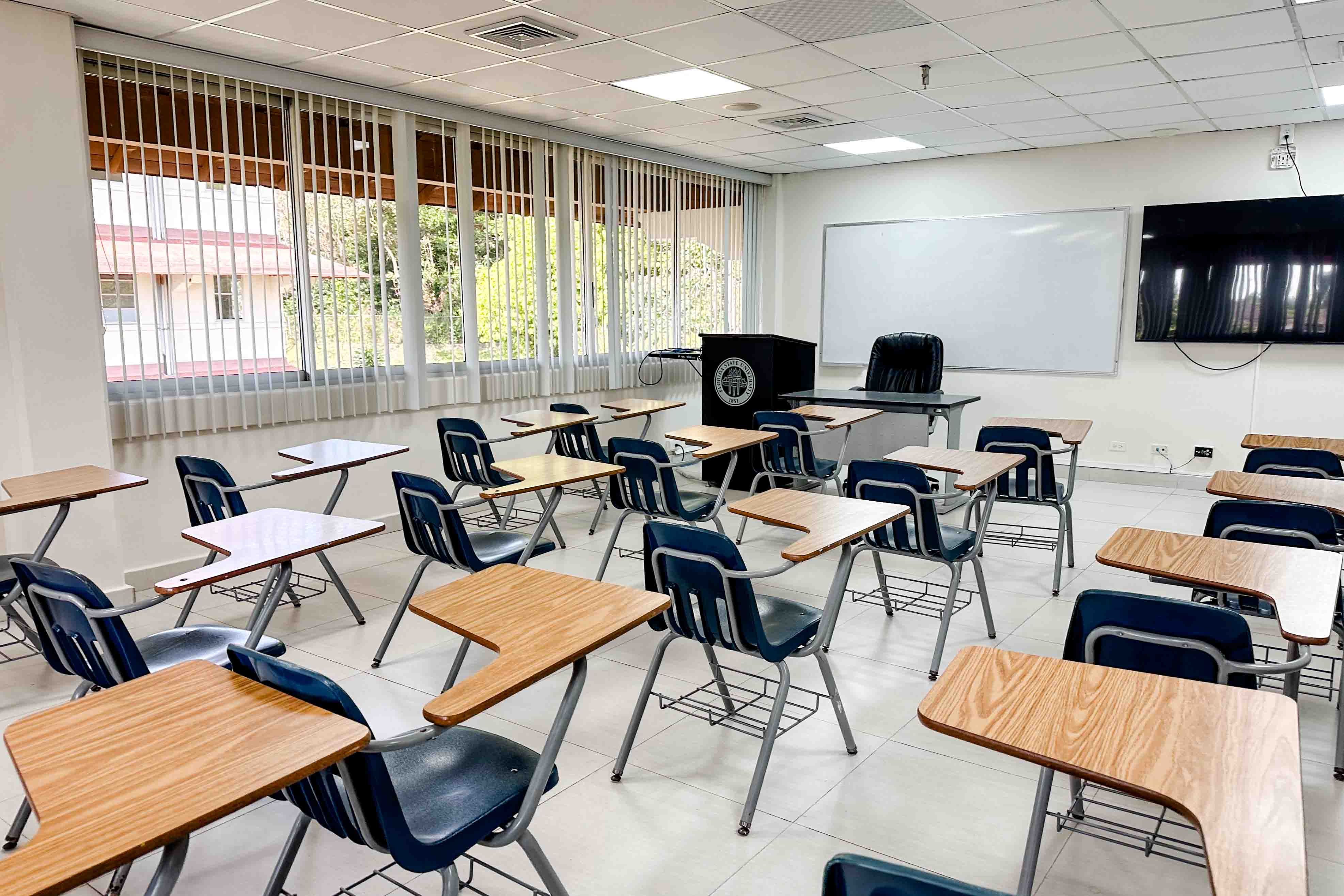 Inside a brightly-lit FSU Panama classroom.
