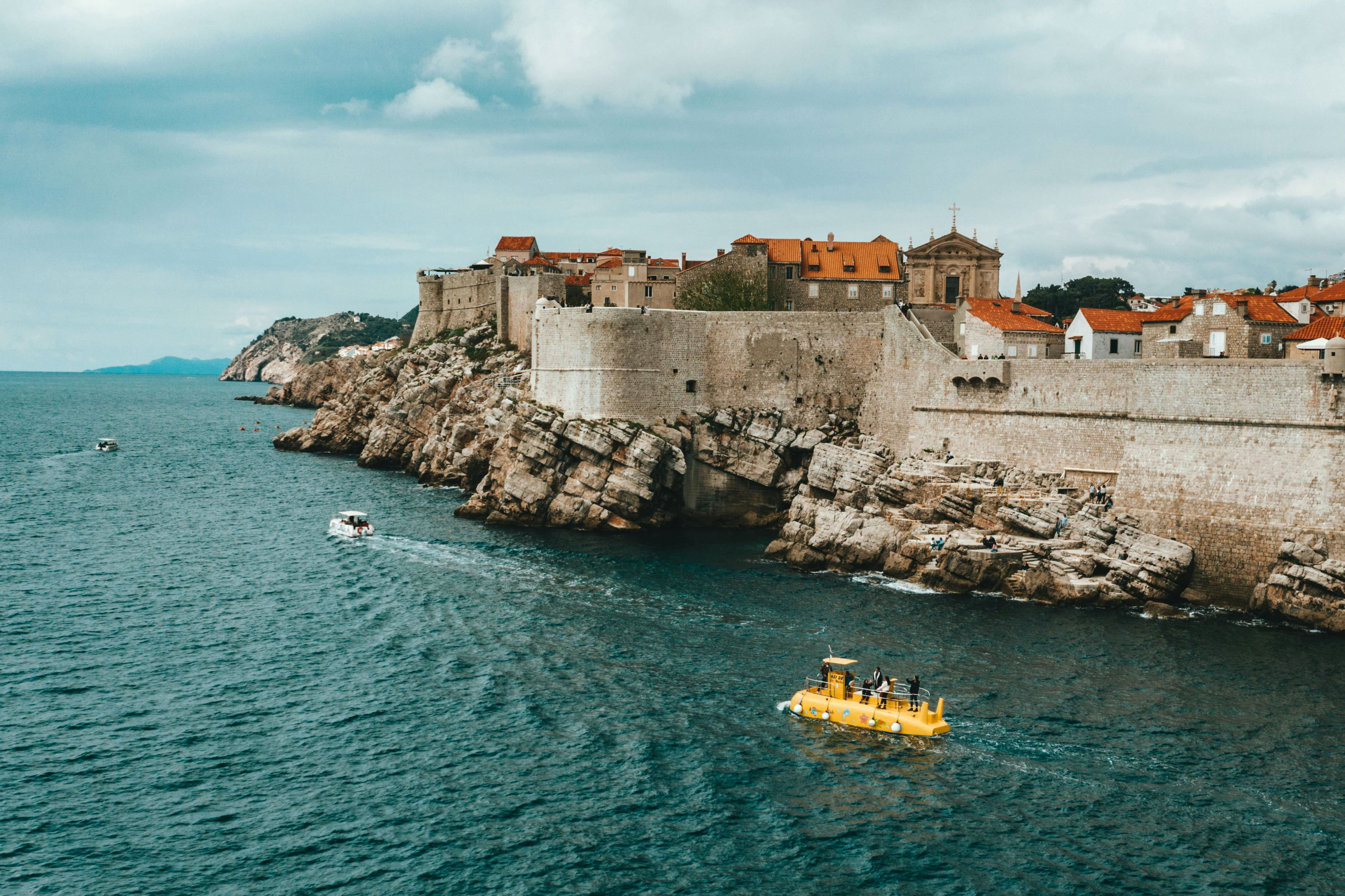 A view of the harbor and city walls in Dubrovnik.