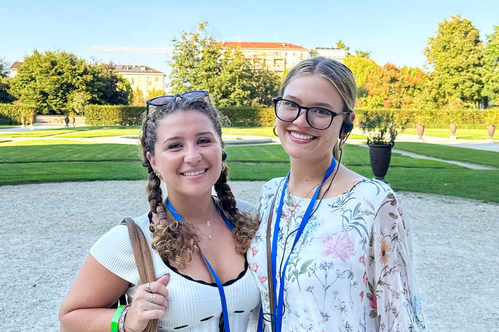 Students posing together at a museum garden in Florence.