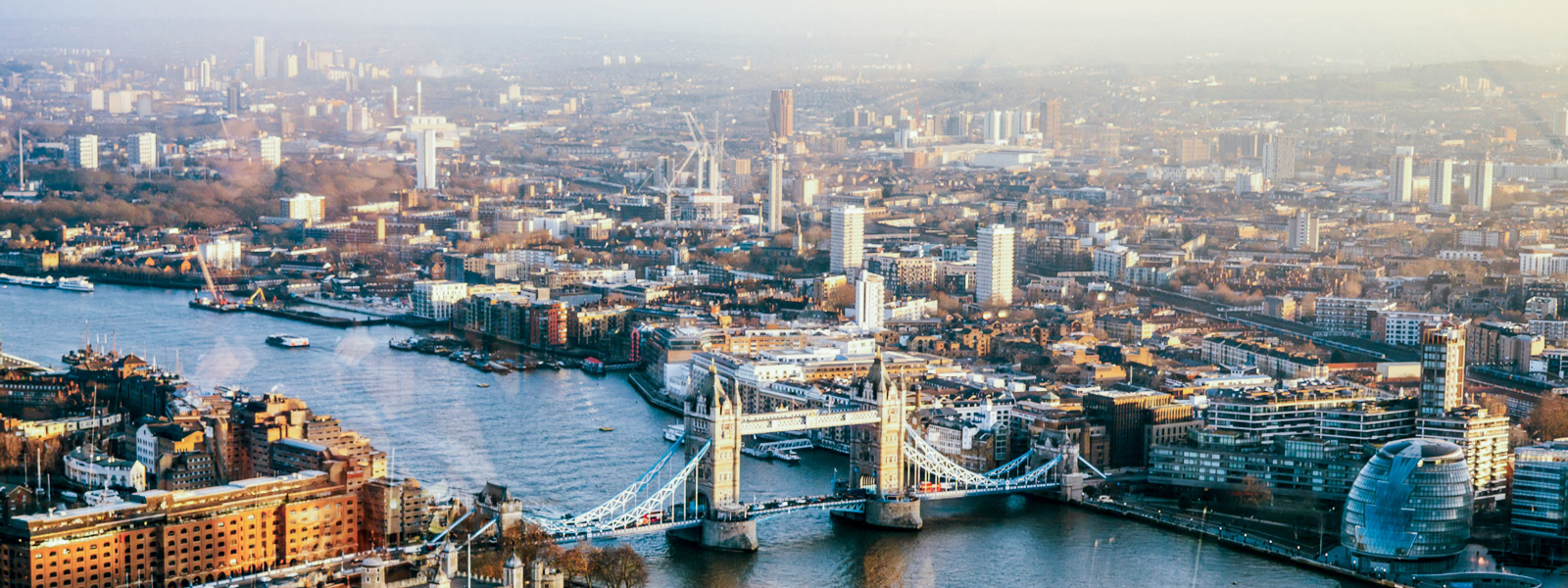 An aerial view of London and Tower Bridge.
