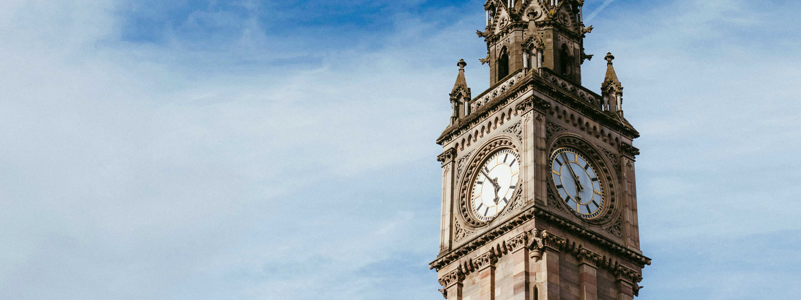 A view of a clocktower in Belfast.