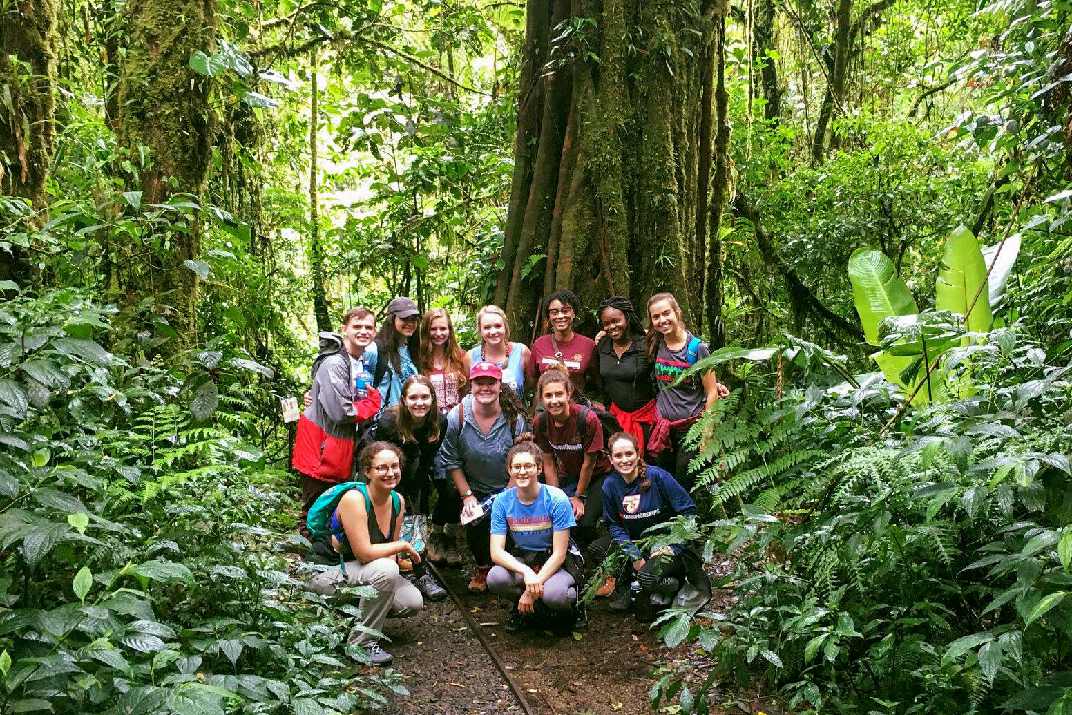 Students posing in the rainforest together in Costa Rica.