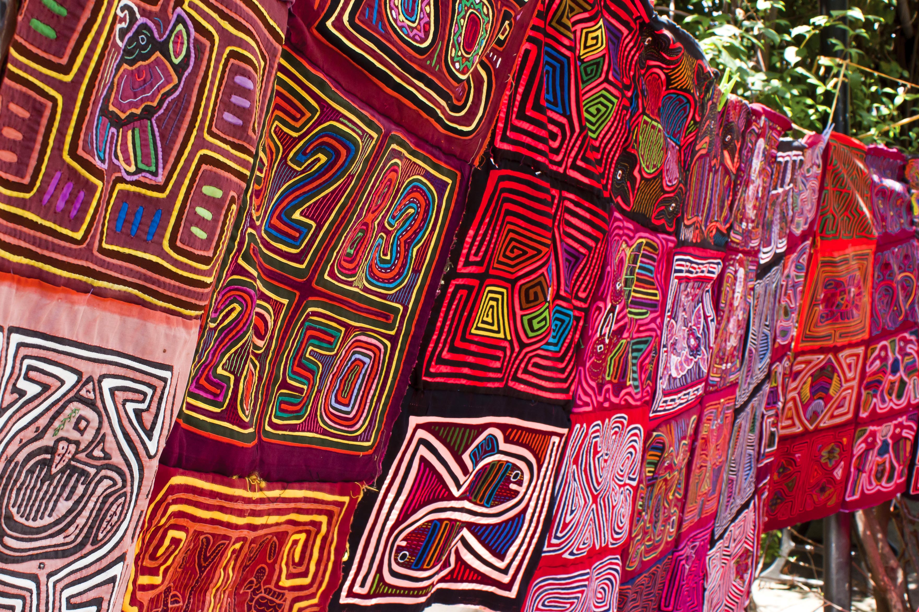 A view of indigenous textiles hanging up in Panama.