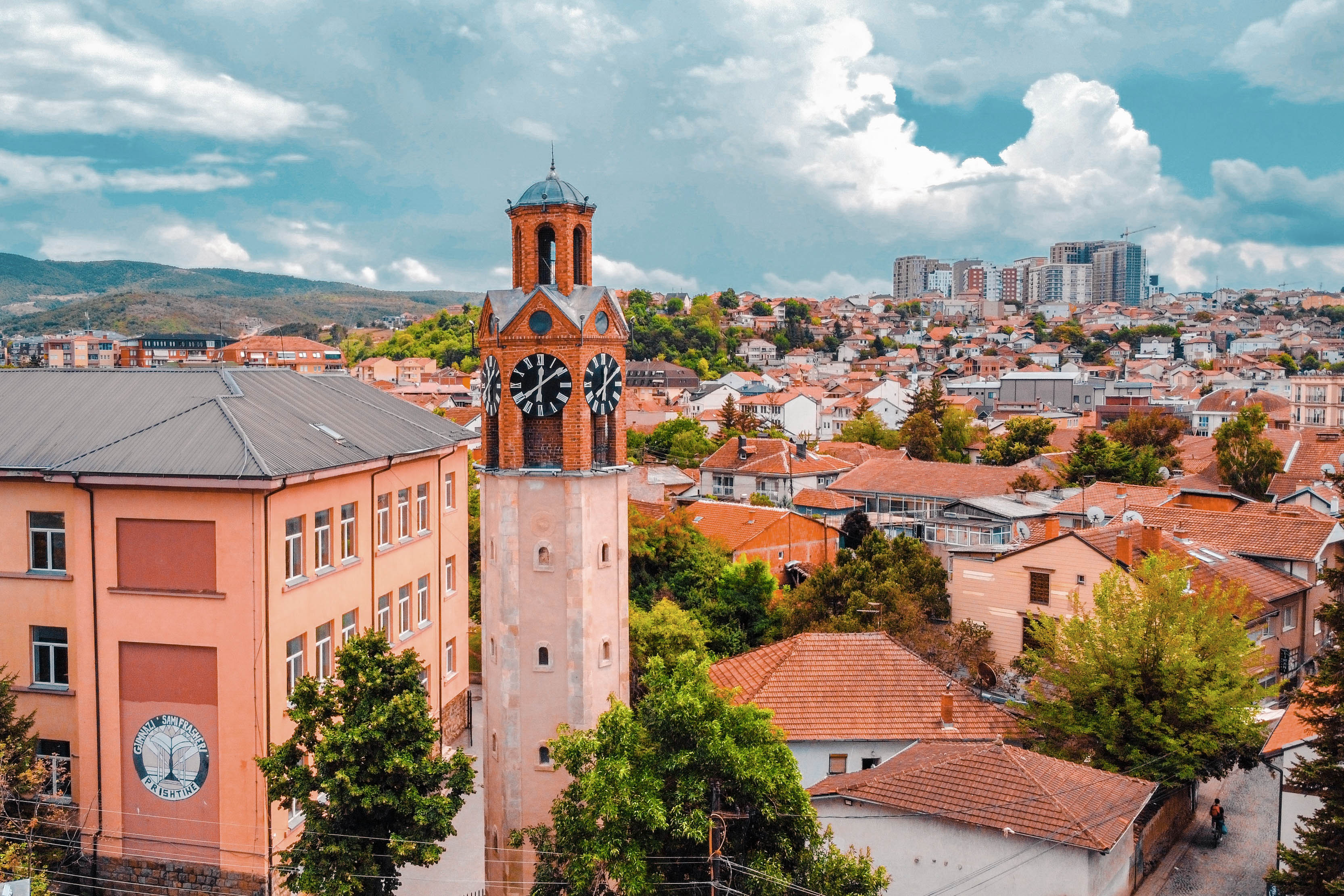 A view of rooftops in a city in Kosovo.