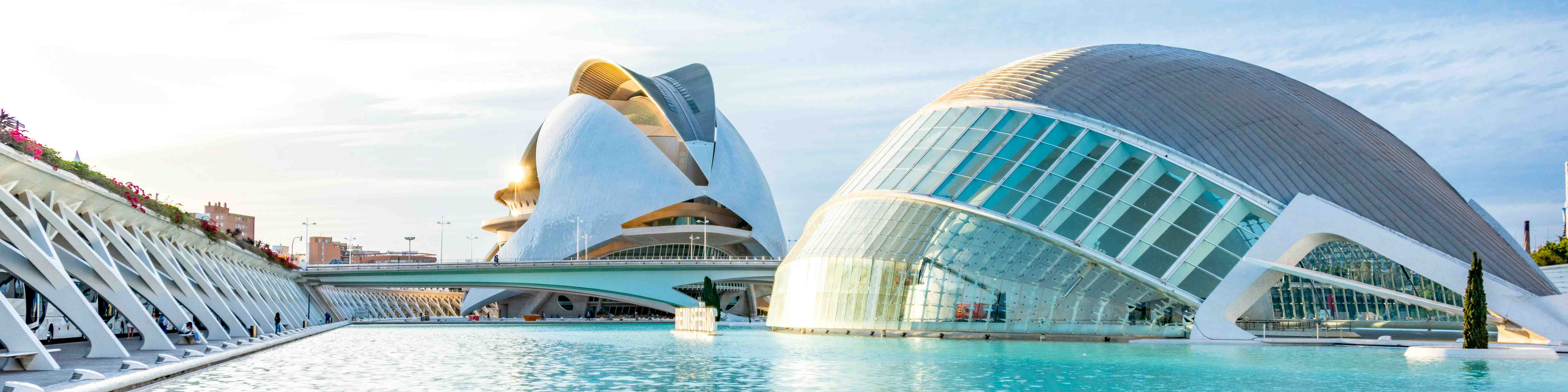A photo of the modern buildings of the City of Arts and Sciences in Valencia.