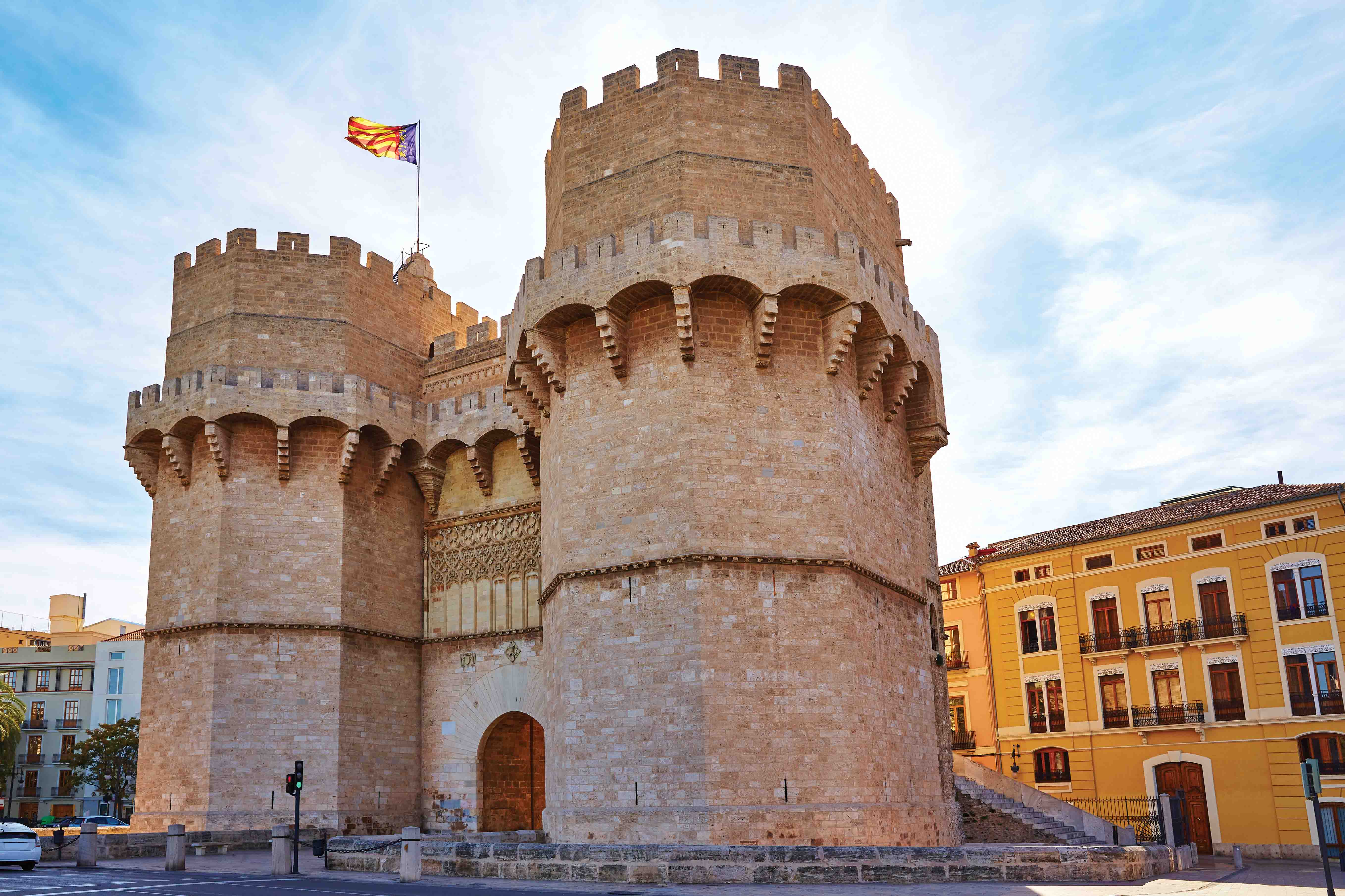 A view of the Serrano Towers in Valencia with the yellowy-gold FSU Valencia study center building behind.