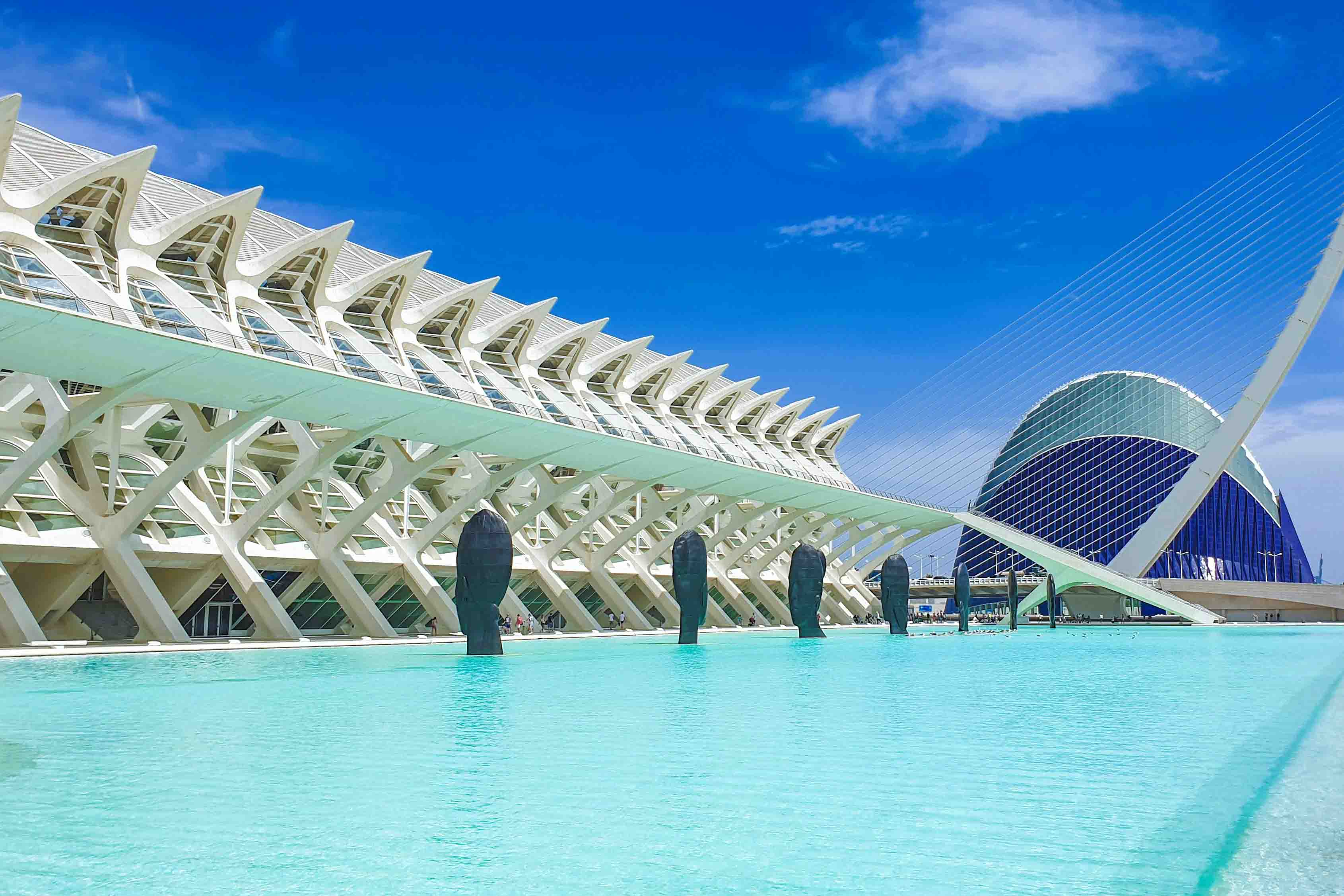 A view of some of the modern buildings and architecture with a reflecting pool in the foreground.