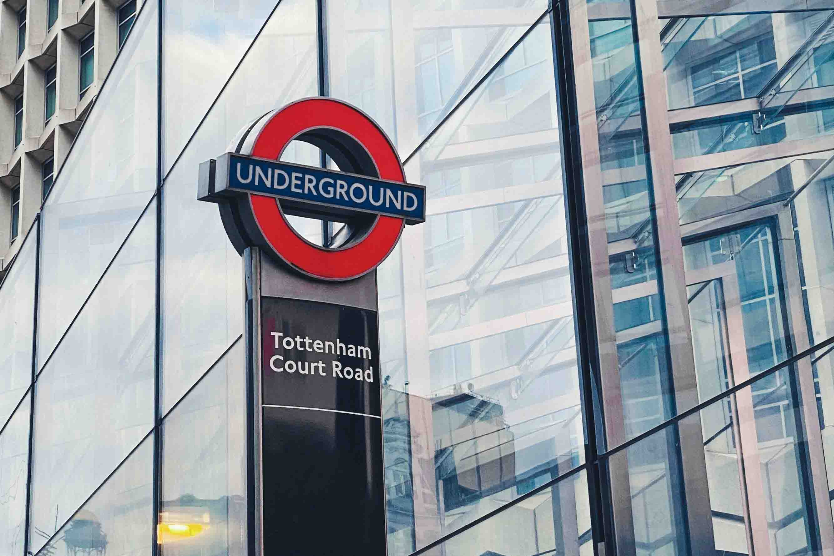 The London Underground sign for Tottenham Court Road station, the closest station to FSU London.