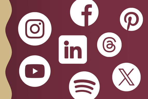 Social media logos for @fsuip social media sites including Instagram, YouTube, LinkedIn, Facebook, Spotify, Threads, Pinterest, and X