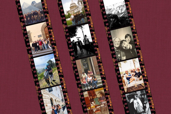 Archival alumni photos laid out as film positives on a garnet background.