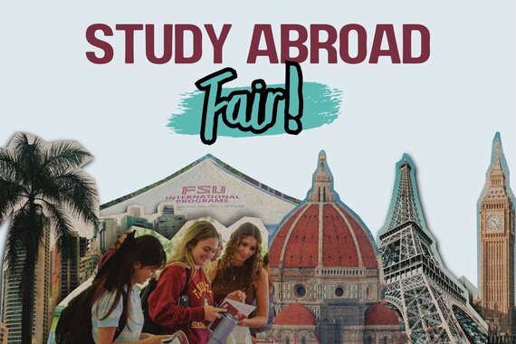 A graphic which reads Study Abroad Fair promoting the upcoming info fair with a collage of photos from around the world and from last year's fair. 