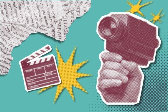 A graphic with a film camera and other film elements.