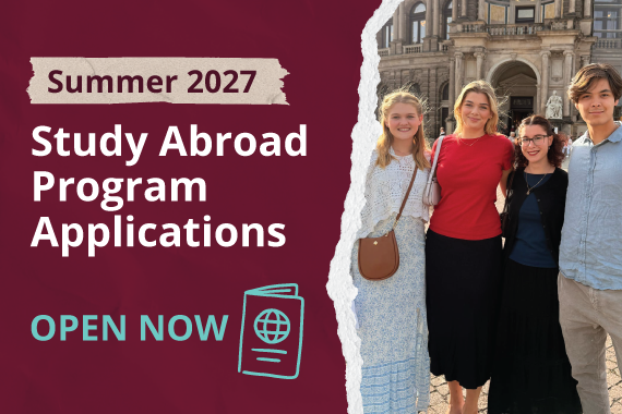 A graphic featuring a passport icon and the words Summer 2027 Study Abroad Program Applications Open Now alongside a photo of students abroad in Germany.
