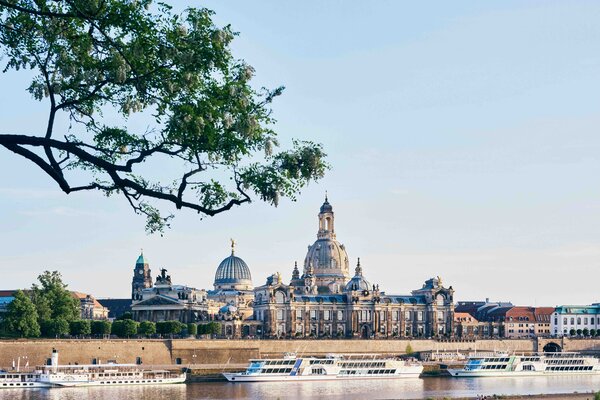 Historic buildings in Dresden with a river and tree foliage in the foreground.
