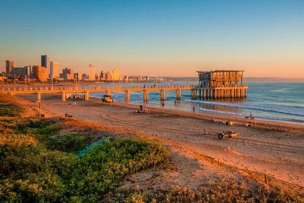 A view of a pier and beach in Durban.