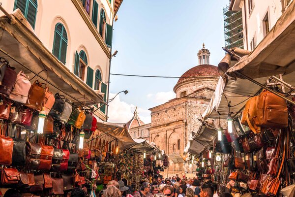 A view of an Italian leather market stall in Florence. 