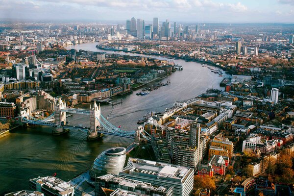 An aerial view of London with Tower Bridge.