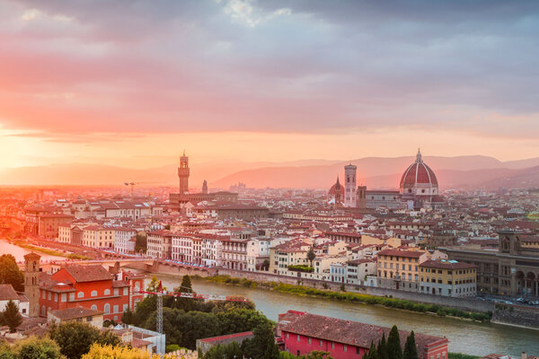 A view of the Florence skyline at sunset. 