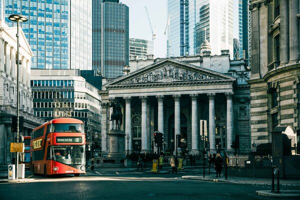 A view of a double decker bus in London. 