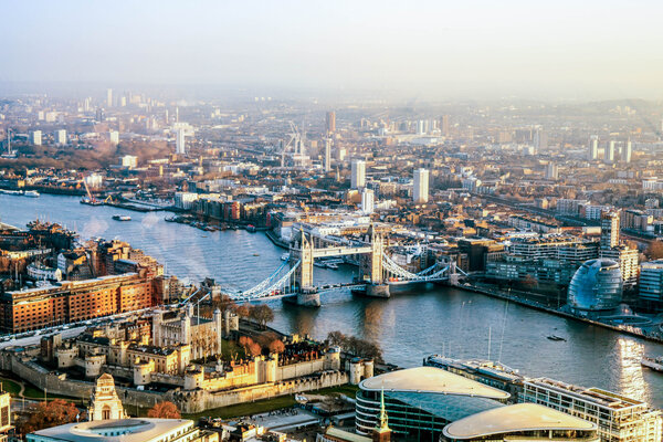 An aerial view of Tower Bridge in London.