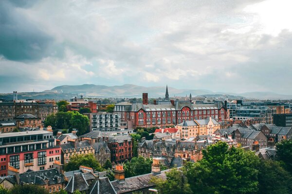 An aerial view of Edinburgh, Scotland and its rooftops. 