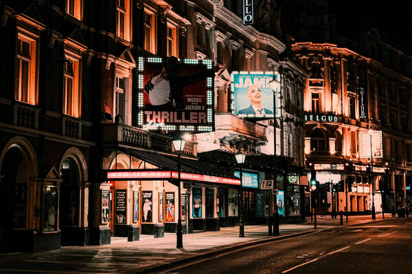 A view of London theaters at night. 