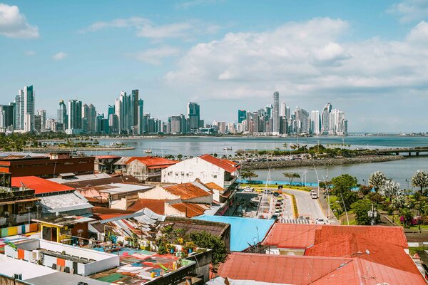An aerial view of Casco Viejo in Panama with downtown Panama City in the background.