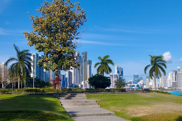 A view of a park walkway in Panama City with urban buildings in the background.