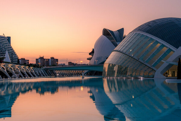 A view of the City of Arts and Sciences at dusk.